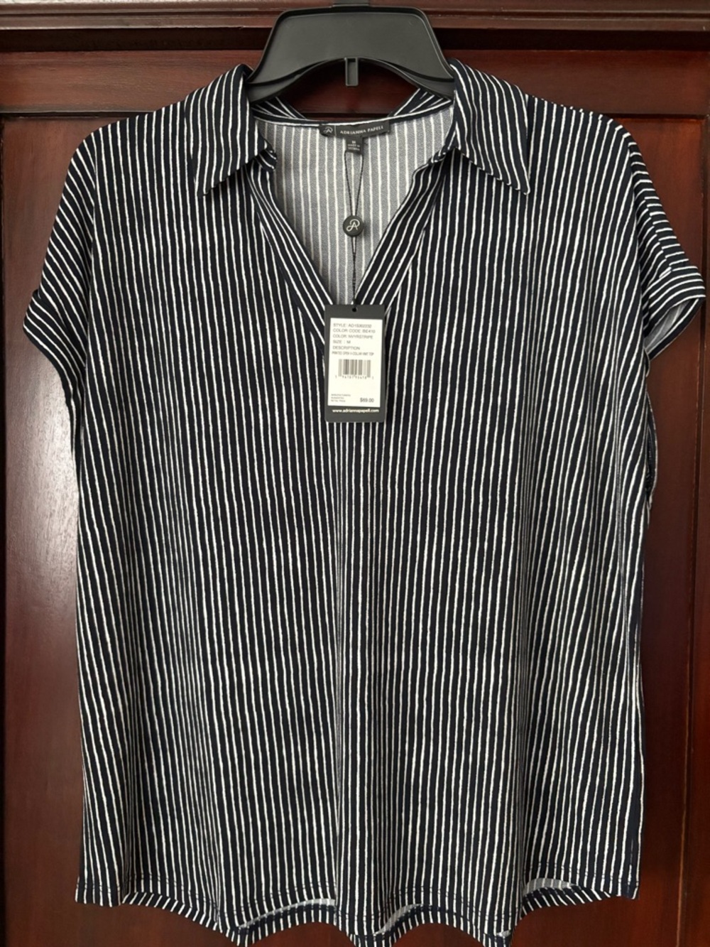 Adrianna Papell Black and White Stripe Short-Sleeve Top Size M